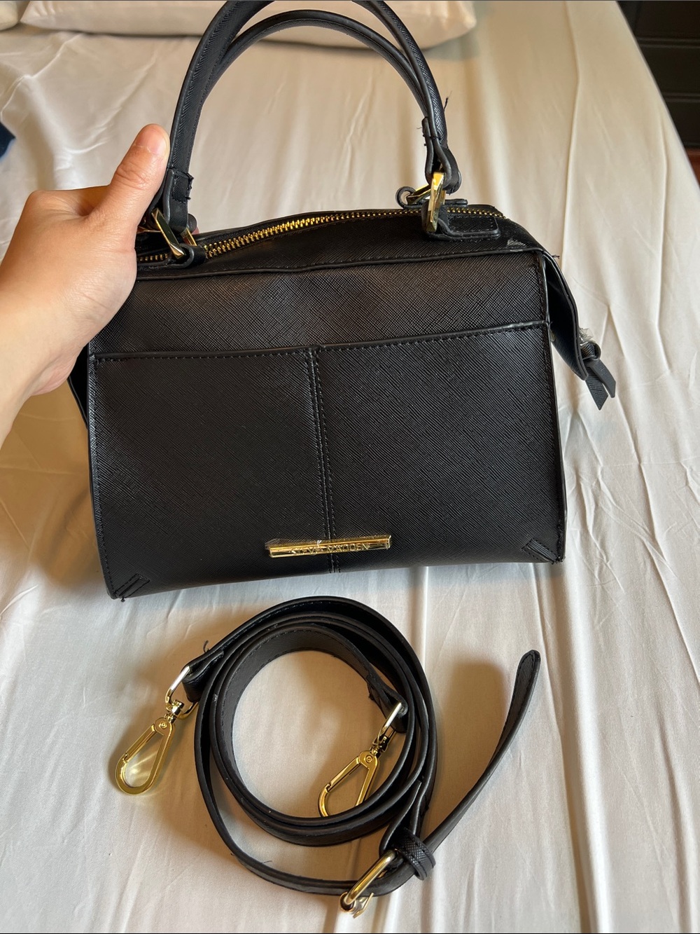 Steve Madden Black Saffiano Satchel with Gold Hardware